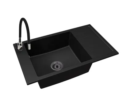 Produktbild von Küchenspüle Einbecken LUIS mit Abtropffläche + Siphon Schwarz + Armatur FLEX Chrom
