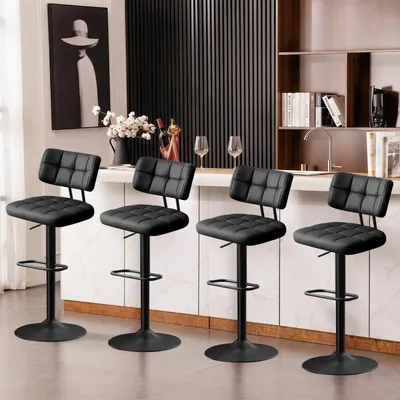 Produktbild von Barhocker 4er Set höhenverstellbar Kunstleder 360° drehbar mit Rückenlehne Fußstütze Schwarz