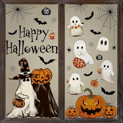 Productafbeelding van 6 vellen Halloween-raamstickers, pompoen, vleermuis, spook, spin, spinnenweb, vintage raamstickers, herbruikbare raamstickers voor feestjes en decoratie in huis