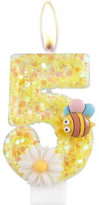 Geburtstagskerze Zahl 5 mit Biene und Blume, Glitzer, 12,2 cm
