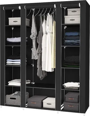 Produktbild von Kleiderschrank Stoffschrank Faltschrank  Wäscheschrank Garderobe mit 3 Türen  Kleiderstange  Vlies Gewebe Schwarz  172x134x43cm
