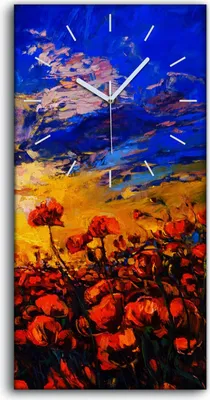 Produktbild von Wanduhr Bürouhr Leinwand Bild Quarz 30x60 Blume wiese bunte Himmel Landschafts - weiße Hände