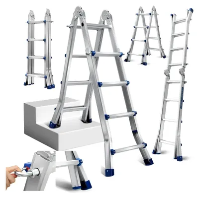 Produktbild von Teleskopleiter 4M x 4 Stufen Ausziehleiter Rutschfester Aluminium Klappleiter, 150 KG Belastbarkeit Mehrzweckleiter