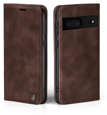 A brown flip-style phone case for a Google Pixel 7, shown from two angles.