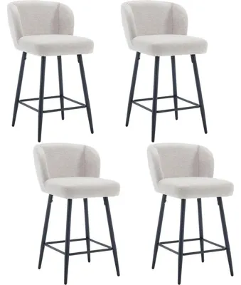 Image de Ensemble de 4 tabourets de bar en lin, couleur beige, avec pieds en métal et dossier