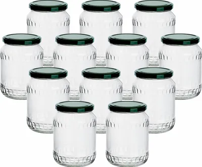 Produktbild von gouveo 12er Set Einmachgläser 720 ml Facette mit Schraub-Deckel grün - Große Vorratsgläser mit Drehverschluss TO82 - Leere Marmeladengläser, Einkochgläser, Einweckgläser, Aufbewahrungsgläser