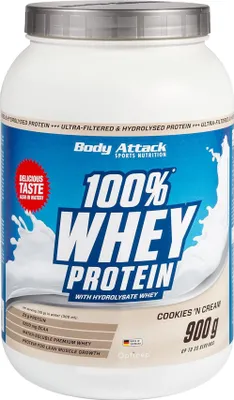 Image de Poudre protéinée Body Attack 100% Whey Protein, cookies'n cream, 900g