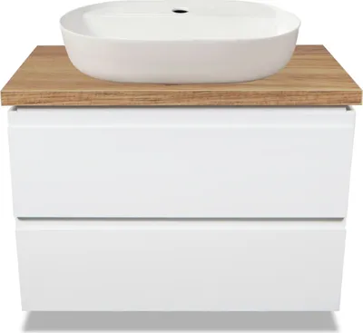 A white oval sink sits on top of a wooden countertop, which is placed on a white two-drawer cabinet.