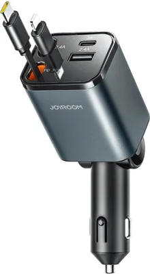 A close-up shot of a car charger with two cables plugged in.