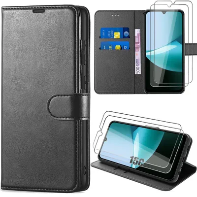 Image de Coque + 2 Verres Trempés pour Xiaomi Redmi 15C 4G/5G, Antichoc Anti-Rayures Cuir Synthétique - Noir