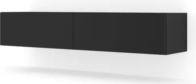 A black, wall-mounted TV cabinet shown from a slightly angled front view against a white background.