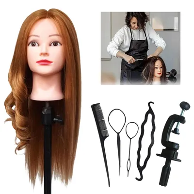 Image de Tête de mannequin 80 % en cheveux naturels, tête d'entraînement pour la coiffure, avec support, pour la formation des coiffeurs