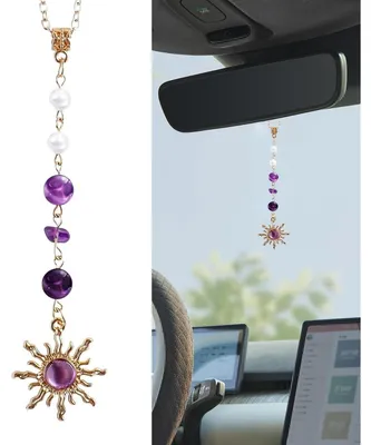 Immagine prodotto di Specchietto retrovisore per auto, stile boho, con decorazioni solari, cristalli, pietre preziose e perline. Oggetto decorativo per interni, portafortuna, idea regalo