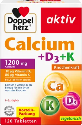 A product shot of a box of Doppelherz Calcium+D3+K tablets.