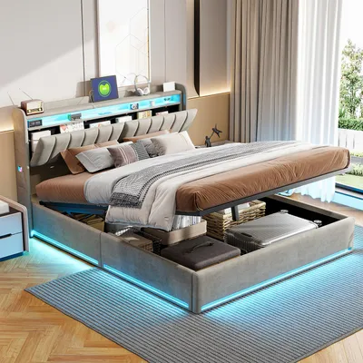 Produktbild von UnboxG Graues Samt-Doppelbett 140x190 cm mit Stauraum, LED-RGB-Beleuchtung & USB-C Ladefunktion – Polsterbett mit Kopfteilregal und integriertem USB-Anschluss