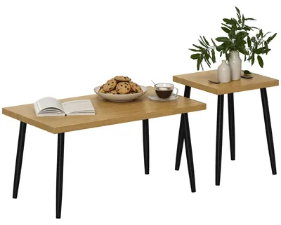 Produktbild von HOMCOM Couchtisch 2er Set Beistelltisch mit Stahlrahmen, für Wohnzimmer Natur