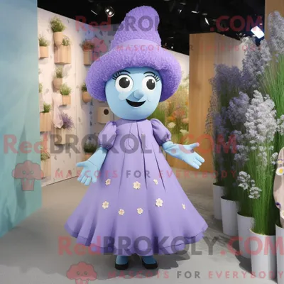 Produktbild von Maskottchencharakter REDBROKOLY eines Lavendels aber mit einem A-Linien-Kleid und Haarnadeln bekleidet