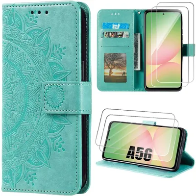 Image de Coque + 2 Verres Trempés pour Samsung Galaxy A56 5G, Protection Rabat Antichoc Synthécuir Motif Mandala Vert