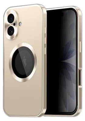 A gold-colored phone case with a circular cutout for the camera module and a larger circular cutout for MagSafe, shown next to a smartphone.