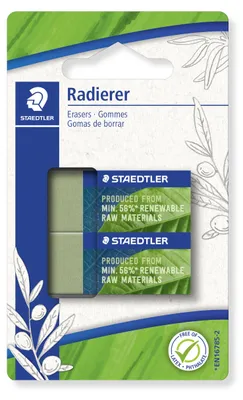 Produktbild von STAEDTLER 526 83-5 Blisterkarte mit 2 Radierern, Größe: 65 x 23 x 13 mm, grün
