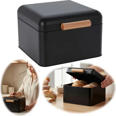 Produktbild von LS-LebenStil Vintage Brotkasten Schwarz 20cm Metall Retro Brotbox mit Deckel Holz Griff Aufbewahrungskorb Aufbewahrungsbox Brotkorb zum Frischhalten