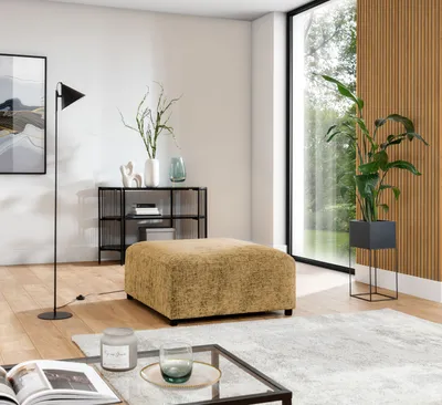 Produktbild von Polsterhocker Designerhocker ROMY in Stoff Enjoy Me Honiggelb