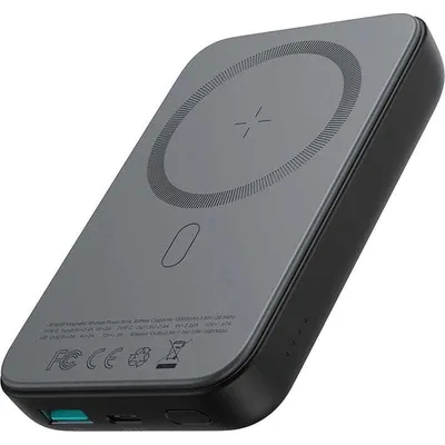A black and gray wireless power bank is shown from a slightly elevated angle.