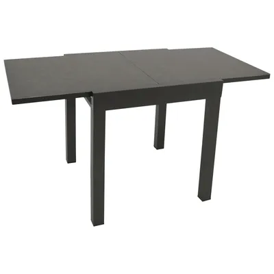 A dark gray, extendable table with four legs, shown from a slightly elevated front-left angle against a white background.