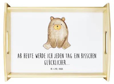 Produktbild von Mr. & Mrs. Panda Deko Tablett Bär sitzend - Weiß - Geschenk, Teddy, Holztablett, Servier, Serviertablett, aus holz