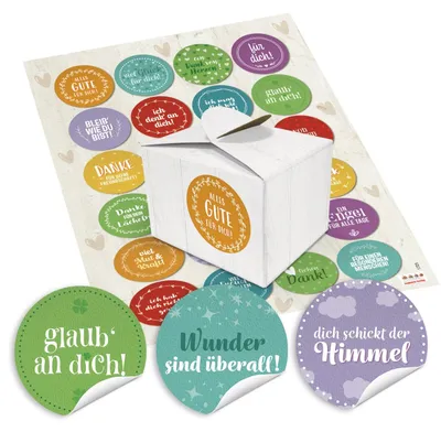 Produktbild von 24 kleine weiße Geschenkboxen Geschenkverpackung Geschenkschachteln 8 x 6,5 x 5,5 + runde Aufkleber bunt mit lustigen Sprüchen Ø 4 cm, Verpackung für Gastgeschenke, Mitgebsel, give-aways