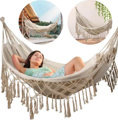 Produktbild von Outtec® Hängematte - 200x150 cm, bis 200kg - Boho Baumwoll Hammock für Outdoor, Garten, Balkon - für Kinder und Erwachsene - Beige