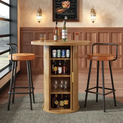 Produktbild von STILVORA Bartisch Set mit rundem Stehtisch und 2 Barhockern, Stehtisch mit Stauraum in MDF Holzoptik, Barhocker Set ergonomisch für Bar und Wohnzimmer