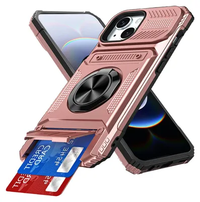 Produktbild von Dual Layer Hülle für iPhone 14 Plus /iPhone 15 Plus mit Kartenhalter, Magnetische Ring Ständer Militärschutz Stoßfeste Handyhülle Roségold