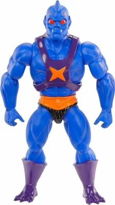 A full-body studio shot of a blue action figure with purple and orange accessories.