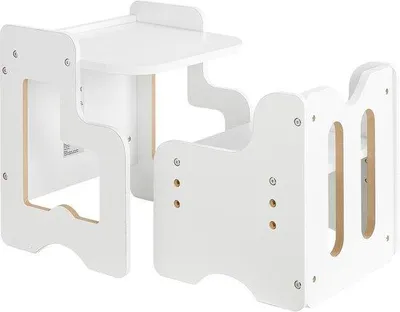 Produktbild von Hochstuhl-Set, 3-in-1 Holzset für Kleinkinder, in Höhe einstellbar mit Tisch für 1-5 Jahre, ideal für vielfältige Anwendung, weiß.
