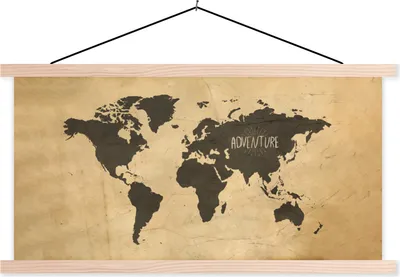 Produktbild von MuchoWow® Textilposter Weltkarte - Zitat - Grau 120x60 cm mit holzfarbenen Rahmen - Klemmleiste