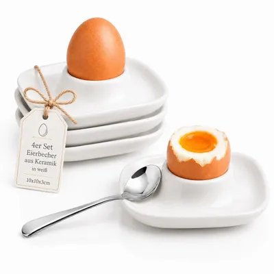 Produktbild von 4er Set Eierbecher aus Keramik – Weiß, stapelbar & spülmaschinenfest – Eierhalter für Frühstückseier, 10 x 10 x 3 cm, ideal für Frühstück & Brunch, KI-generiertes Bild