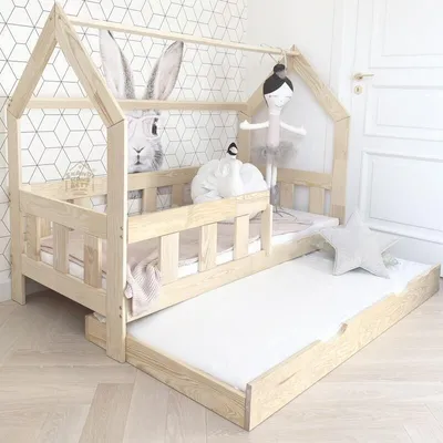 Produktbild von Detská Posteľ 80x160 Domček s Ochranou Proti Pádu Prírodné Drevo - Milo - Detská Posteľ s Boxom - Posteľ do Detskej Izby - Stabilná Domáca Posteľ