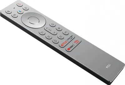 A silver TCL remote control is shown against a white background.