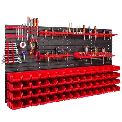 Immagine prodotto di 60 scatole impilabili Portautensili Scaffale a muro Scaffale per officina Parete portautensili 156x78cm Sistema di stoccaggio Scaffale per stoccaggio alla rinfusa Scatole di stoccaggio aperte Pannelli a muro extra resistenti Scaffale Scaffale per officina espandibile Scaffale di stoccaggio