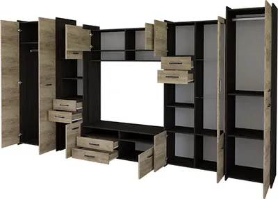 Produktbild von Wohnwand Anbauwand Schrankwand TV-Lowboard Sideboard Mokka (Eiche Cantenbury/Eiche Country Grey)