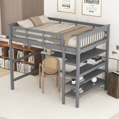 Produktbild von Hochbett mit Lattenrost, Leiter, Schreibtisch und Regalen, 140x200 cm, Doppelbett mit Rausfallschutz, Holzbett aus Kiefer