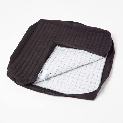 A black velour seat cushion cover is shown folded open on a white background, revealing its white checkered lining.