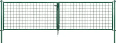 A green double gate made of wire mesh, mounted on posts, against a white background.