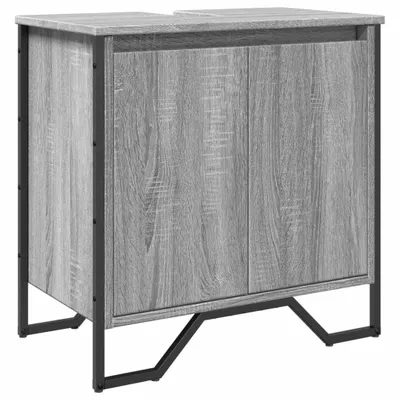 A grey wood-effect bathroom cabinet with black metal legs and frame.