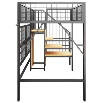 Produktbild von Flieks Etagenbett 90x200cm mit Led, Kinderbett Hochbett mit Kleiderschrank und Metallgitter, Jugendbett Metallbett mit Rausfallschutz, Schwarz
