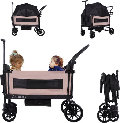 A collage of images showing a baby wagon from different angles, including with children inside and folded.