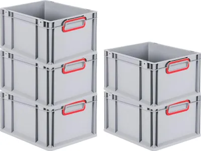 Produktbild von SparSet 5x Eurobox NextGen Color | HxBxT 22x30x40cm | 20 Liter | Griffe rot geschlossen | Glatter Boden | Grau | Eurobehälter, Transportbox, Transportbehälter, Stapelbehälter