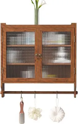 Produktbild von AIORBER Wandschrank Holz 63cm mit Glastüren und Handtuchhalter Vintage Hängeschrank Bad Küche Esszimmer Aufbewahrung – Braun