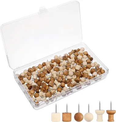 Produktbild von 150 Stück Holz-Pinnnadeln 2 cm mit Aufbewahrungsbox für Pinnwand - ideal für Büro und Schule